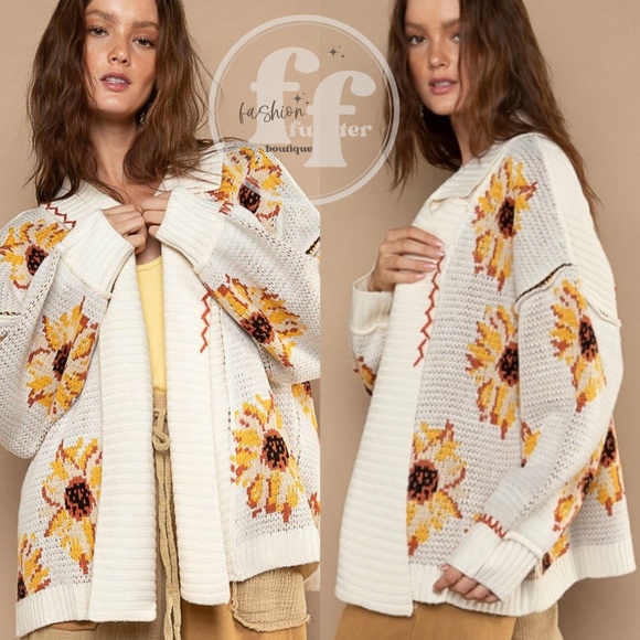 POL Golden Sunflower Floral Belted Cardi Coat Tie Cardigan Sweater Jacket Belt - Picture 4 of 7